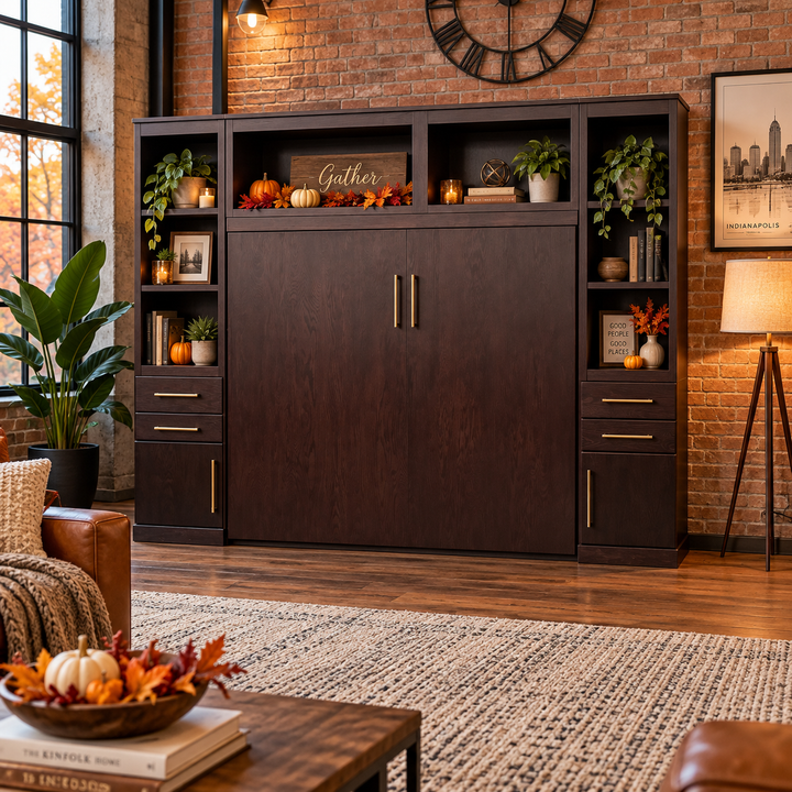 Flat Face Murphy Bed Horizontal Queen Oak Traditional Mahogany with Side Cabinets and Upper Cabinet
