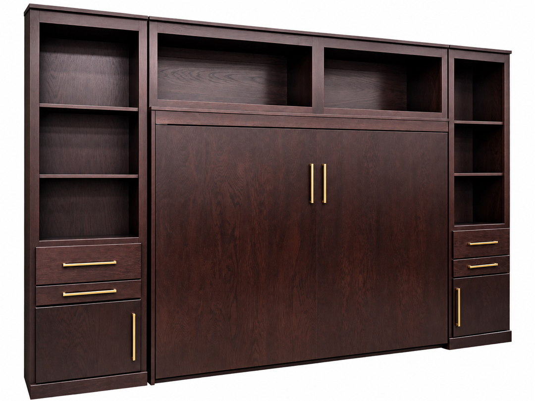 Flat Face Murphy Bed Horizontal Queen Oak Traditional Mahogany with Side Cabinets and Upper Cabinet