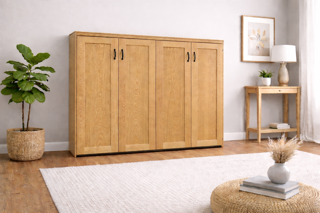 Shaker Face Murphy Bed Horizontal Queen Oak Golden Oak Stain Discounted (HQ104-O-GO) - The Bedder Way Co