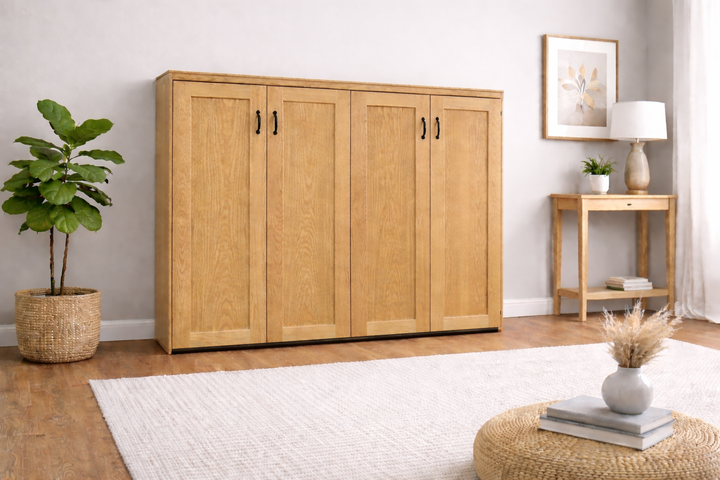 Shaker Face Murphy Bed Horizontal Queen Oak Golden Oak Stain Discounted (HQ104-O-GO) - The Bedder Way Co