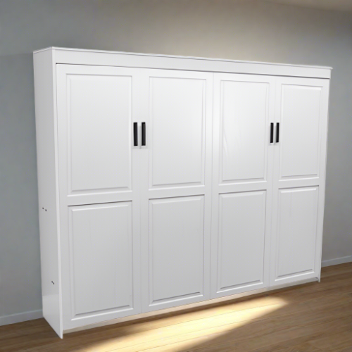 Raised Panel Face Murphy Bed Horizontal Queen Oak Painted White Discounted (HQ109-O-PW)