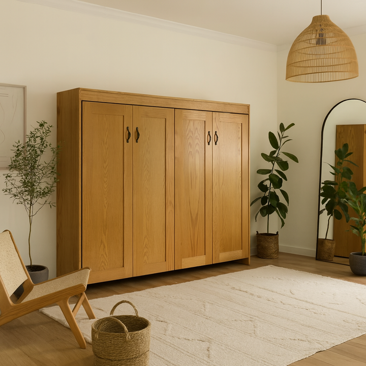 Shaker Face Murphy Bed Horizontal Queen Oak Golden Oak Stain Discounted (HQ104-O-GO)