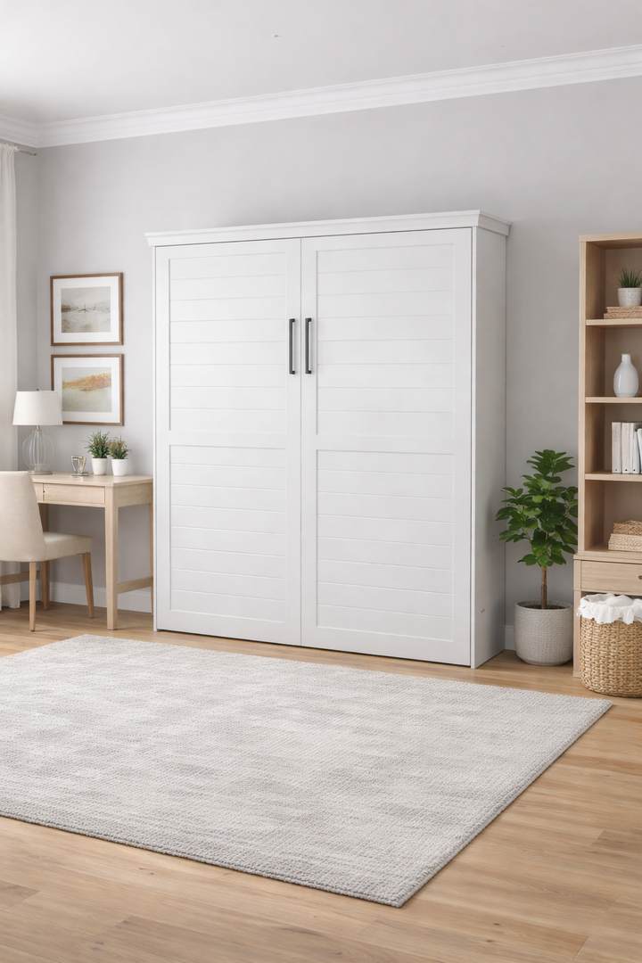 Plank Face Murphy Bed Vertical Queen Oak Painted White Discounted (VQ121-O-PW)