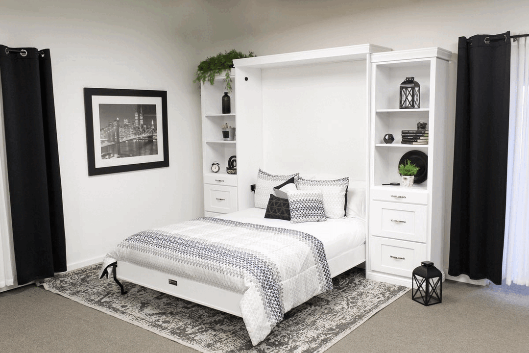 Table Face Murphy Bed Vertical Queen Oak Painted White With Side Cabinets and Roll Desk Discounted