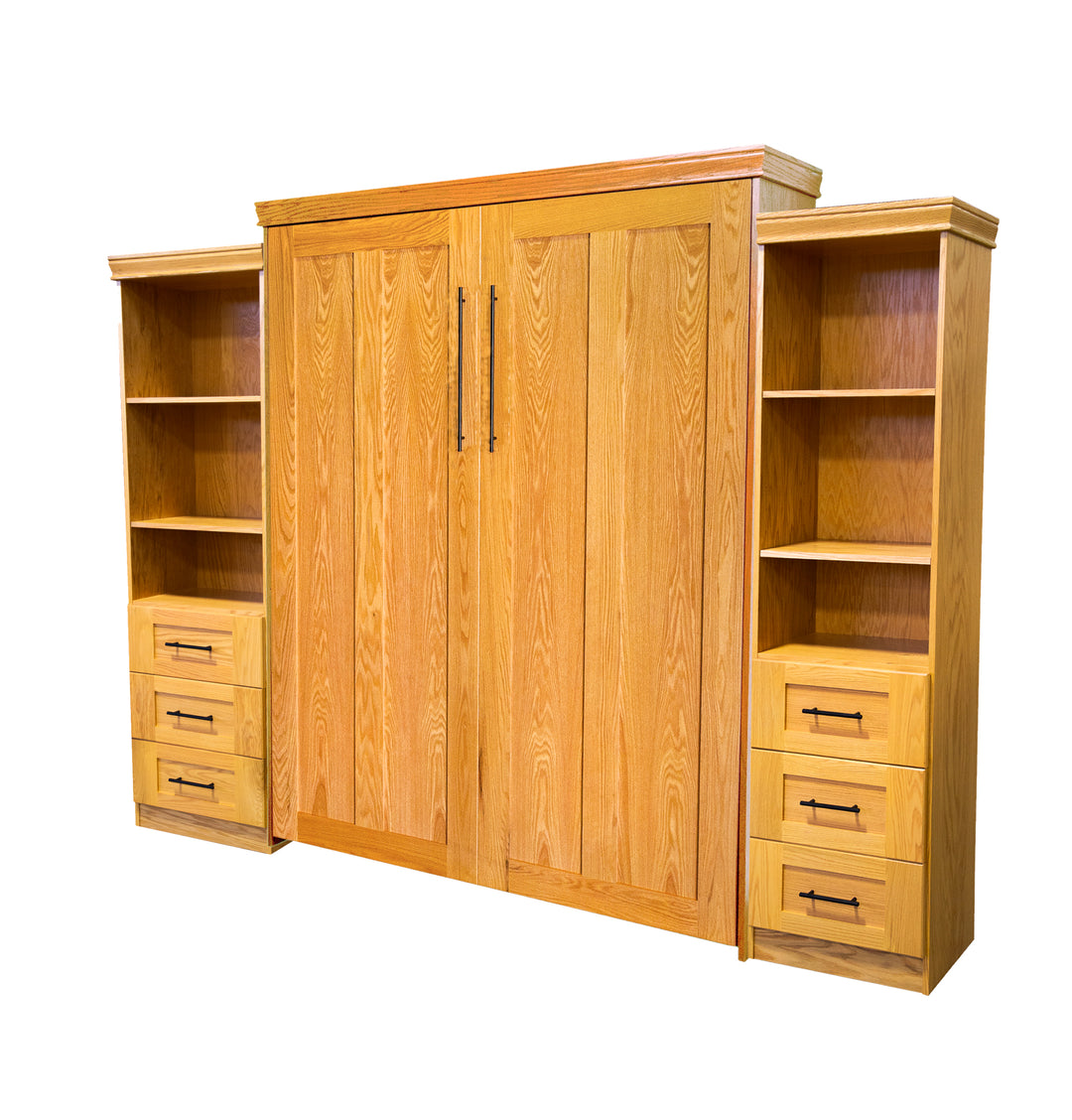 Contemporary Face Murphy Bed Vertical Queen Oak Stained Golden Oak With Side Cabinets Discounted
