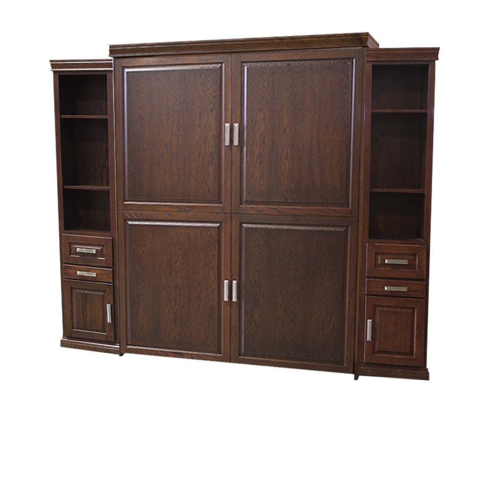Raised Panel Face Murphy Bed Vertical Queen Oak American Walnut with Side Cabinets Discounted