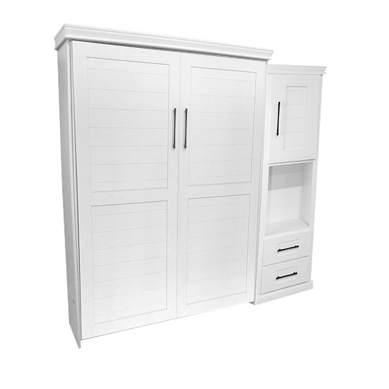 Plank Face Murphy Bed Vertical Queen Oak Painted White With Side Cabinet Discounted