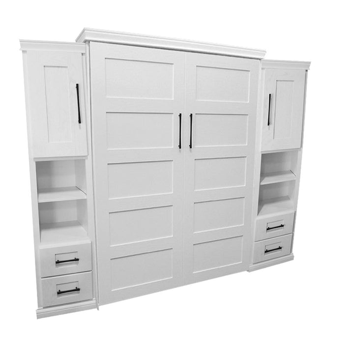 Lake View Face Murphy Bed Vertical Queen Oak Painted White With Side Cabinet Discounted - The Bedder Way Co