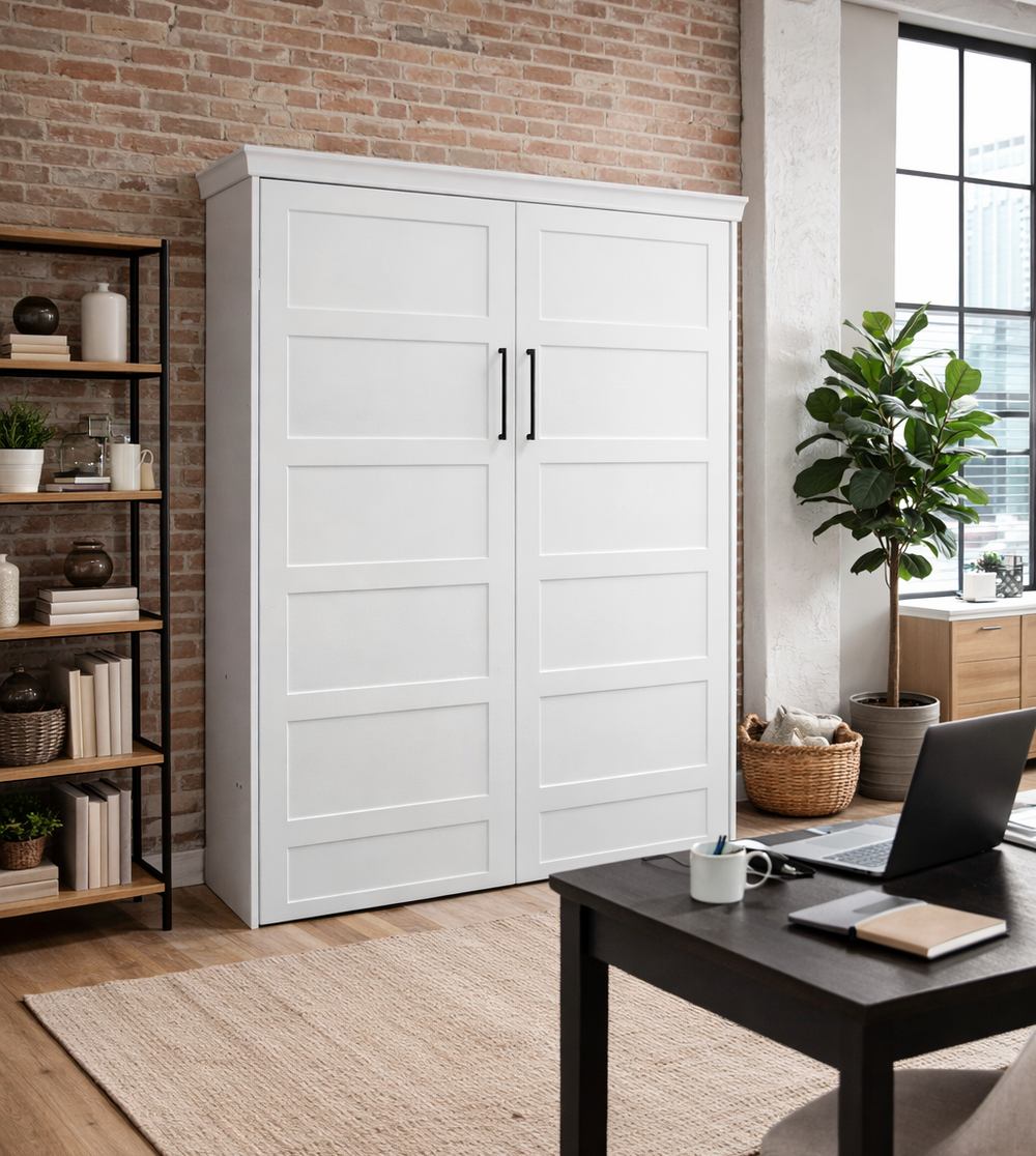 Lake View Face Murphy Bed Vertical Queen Oak Painted White Discounted (VQ122-O-PW) - The Bedder Way Co