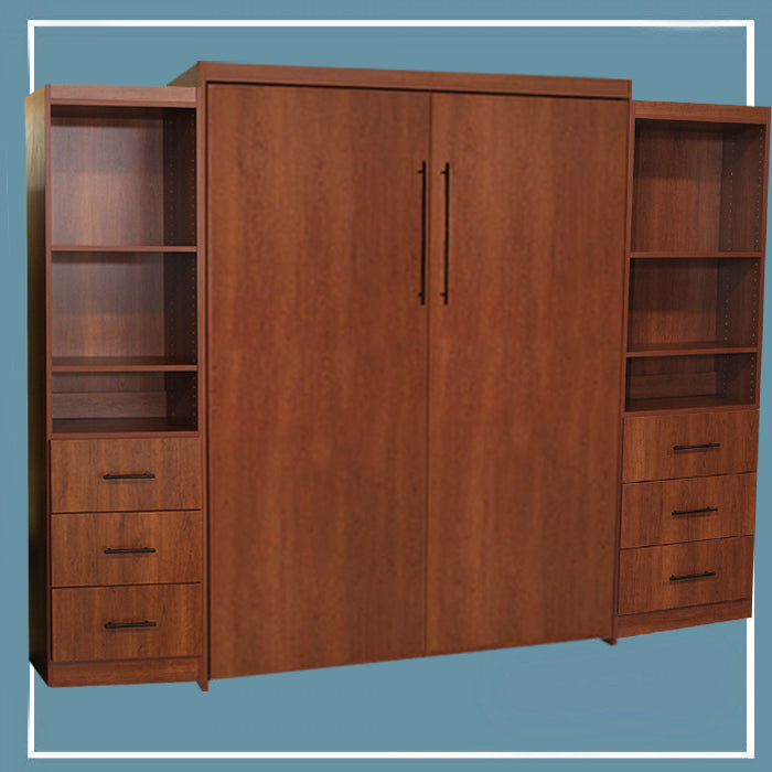 Flat Face Murphy Bed Vertical Queen Melamine Bourbon Cherry With Side Cabinets Discounted