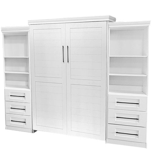 Plank Face Murphy Bed Vertical Queen Oak Painted White With Side Cabinets Discounted