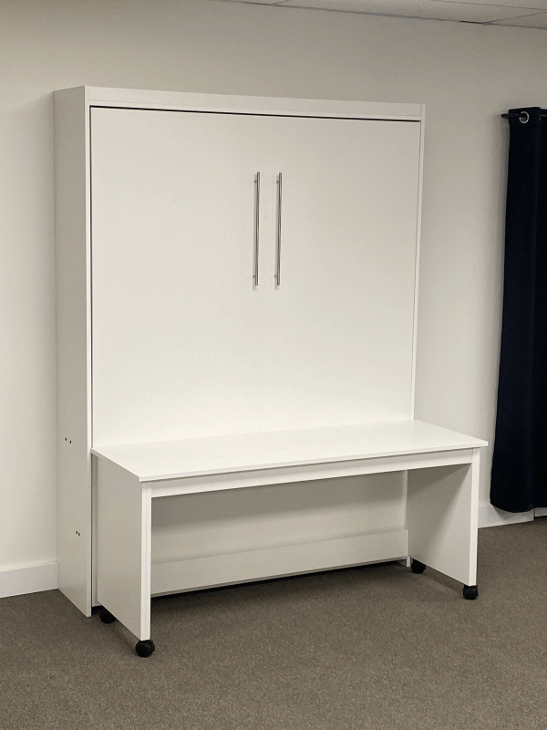 Flat Face Murphy Bed Vertical Queen Melamine Classic White with Roll Desk Discounted