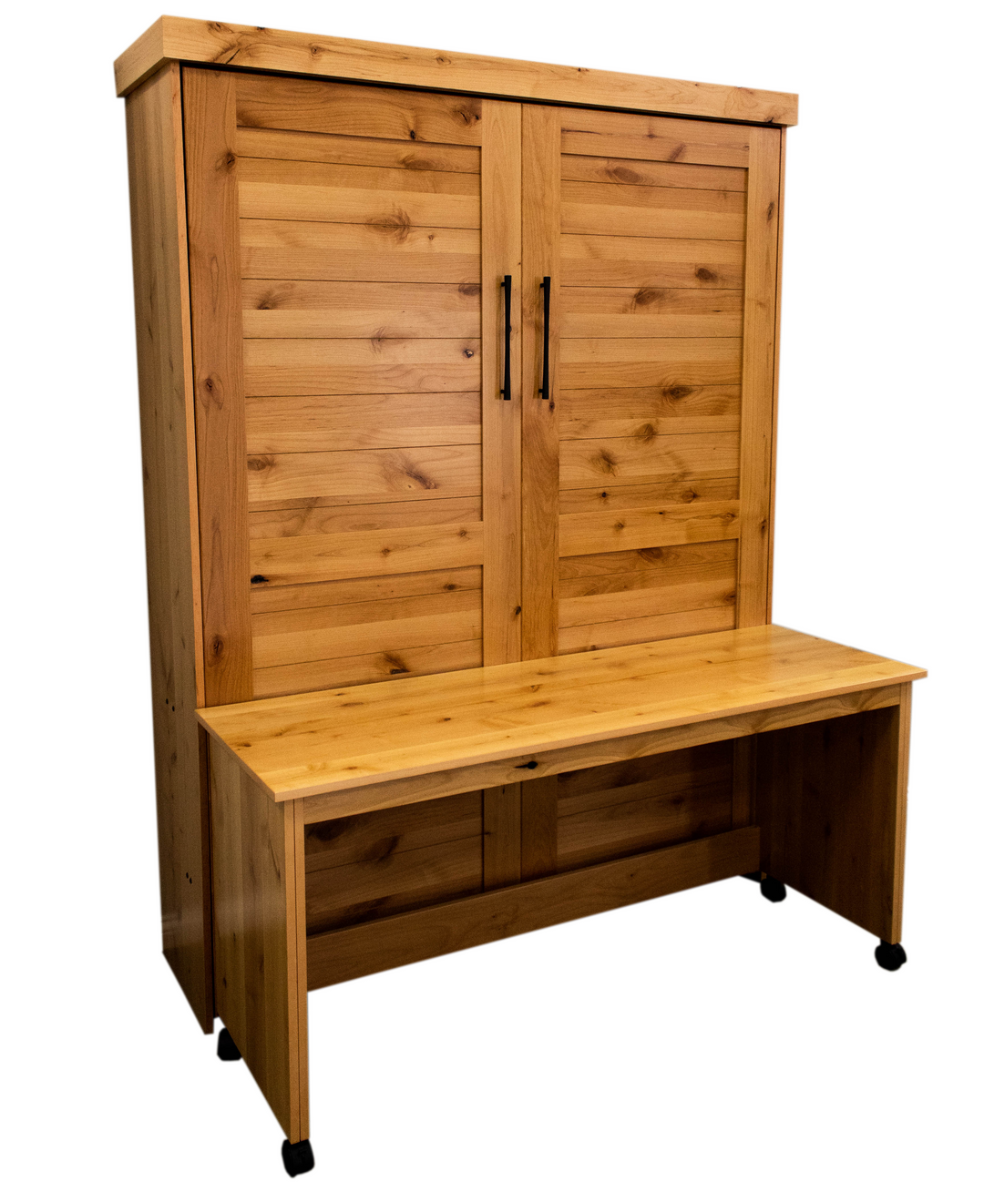 Plank Face Murphy Bed Vertical Queen Knotty Alder Natural Stain With Roll Desk Discounted (VQ121-KNTY)