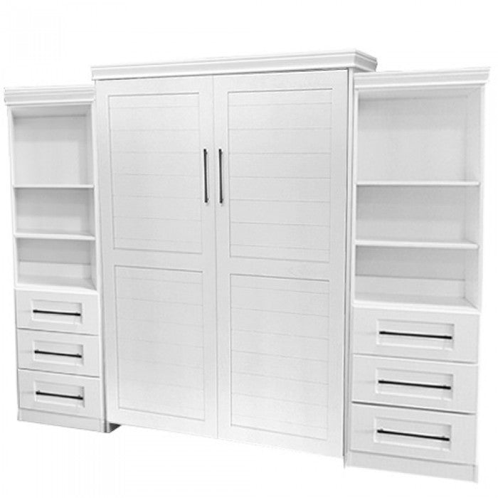 VERTICAL OAK QUEEN PLANK FACE DISCOUNTED MURPHY BED PAINTED WHITE WITH CABINETS